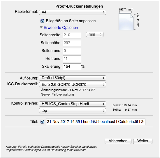 Druckeinstellungen für Proof auf lokalem Drucker