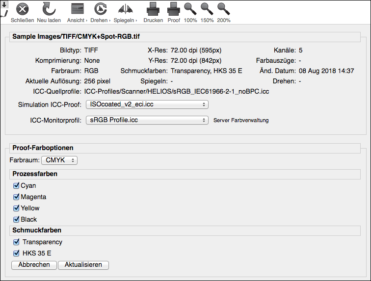 WebShare Abschnitt „Proof-Farboptionen“