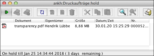 PDF-Druckauftrag in der „Hold“-Warteschlange