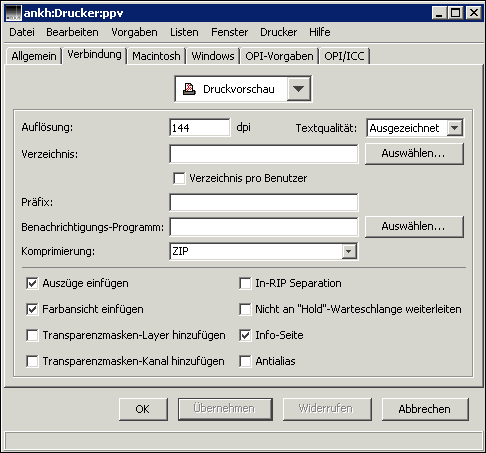 Fenster „Drucker“ – Registerkarte <code>Verbindung</code>