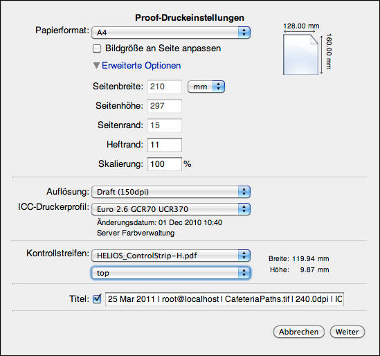 Druckeinstellungen für Proof auf lokalem Drucker