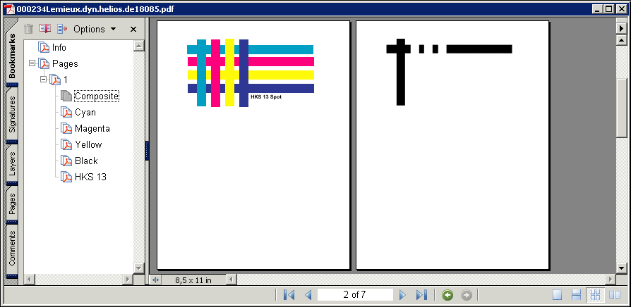 Bookmarks section lists
the composite preview page, corresponding separations, and spot color plates