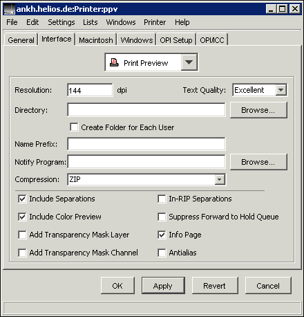 “Printer” window – <code>Interface</code> tab