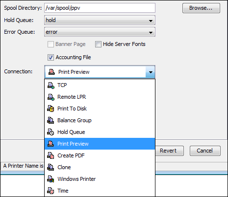 The
<code>Print Preview</code>
printer connection