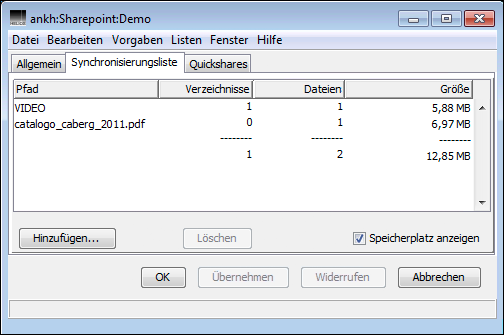 WebShare Sharepoint: Registerkarte <code>Synchronisierungsliste</code>