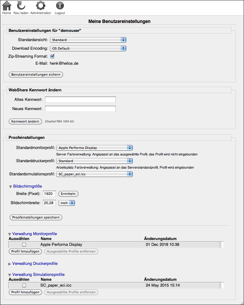 WebShare Fenster „Meine Benutzereinstellungen“