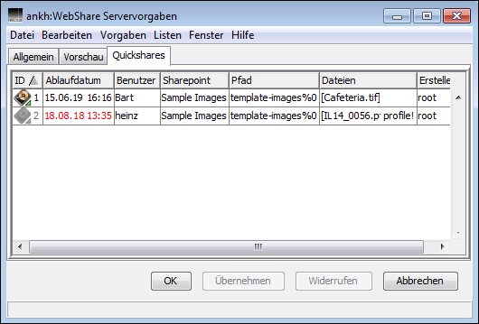 WebShare Servervorgaben – Registerkarte <code>Quickshares</code>