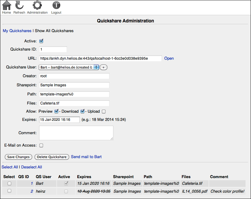 WebShare “Quickshare Administration” page