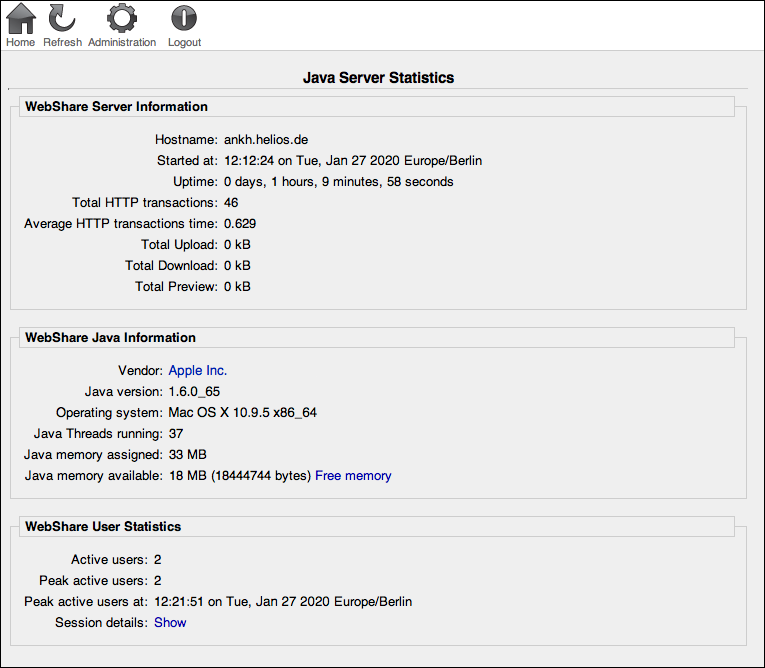 WebShare “Java Server Statistics” page