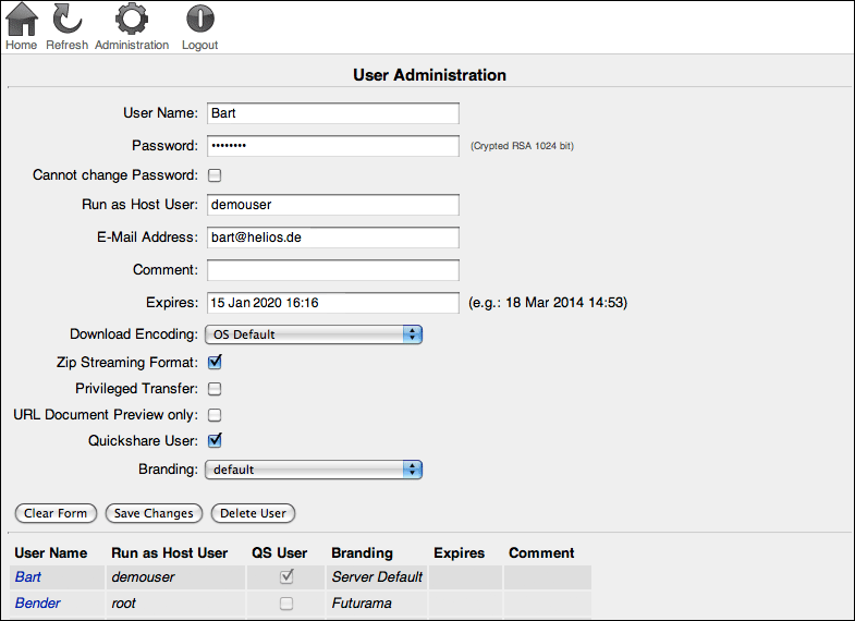 WebShare “User Administration” page