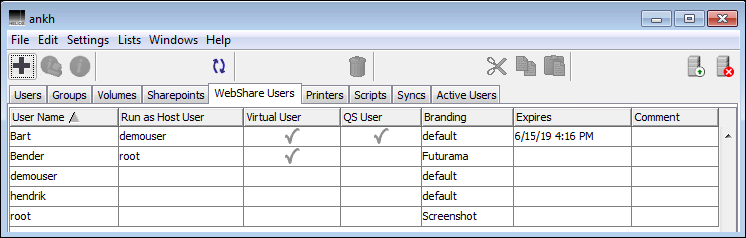 HELIOS Admin – <code>WebShare Users</code> tab