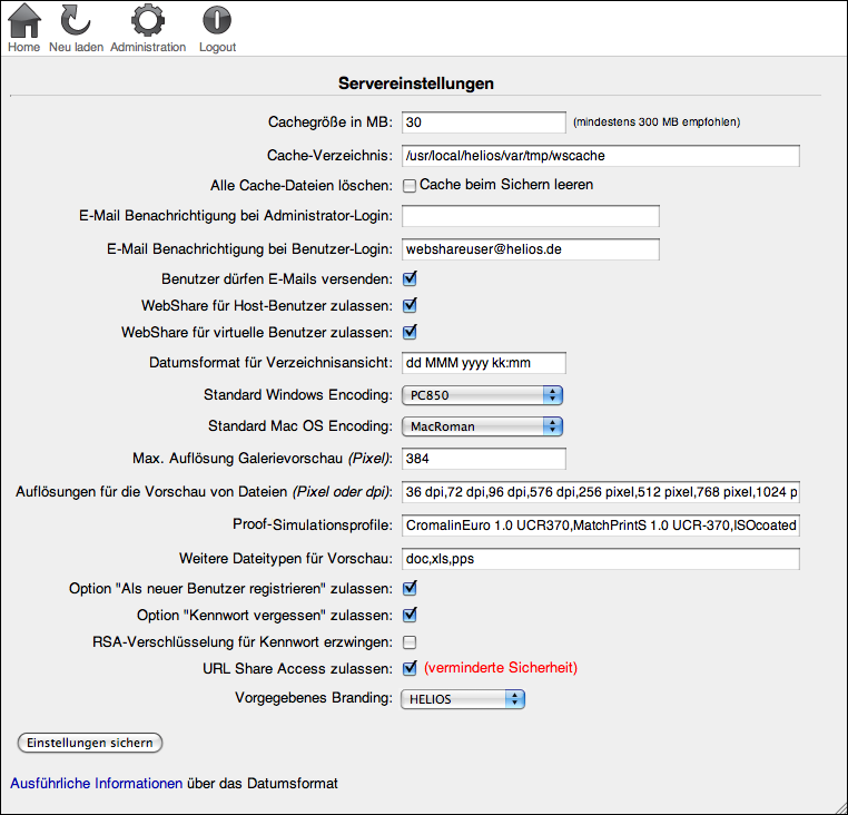 WebShare „Servereinstellungen“