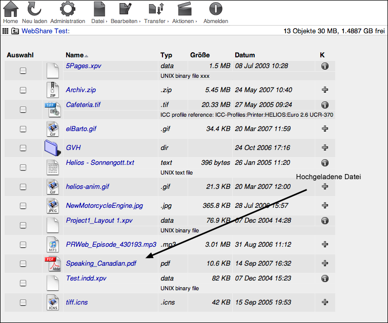 Hochgeladene Datei im WebShare Sharepoint