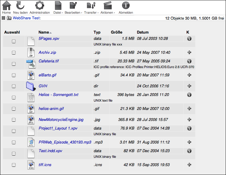 WebShare Dateibrowser (Standardansicht)