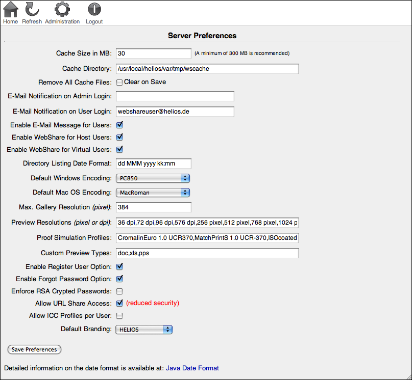 “Server Preferences” page