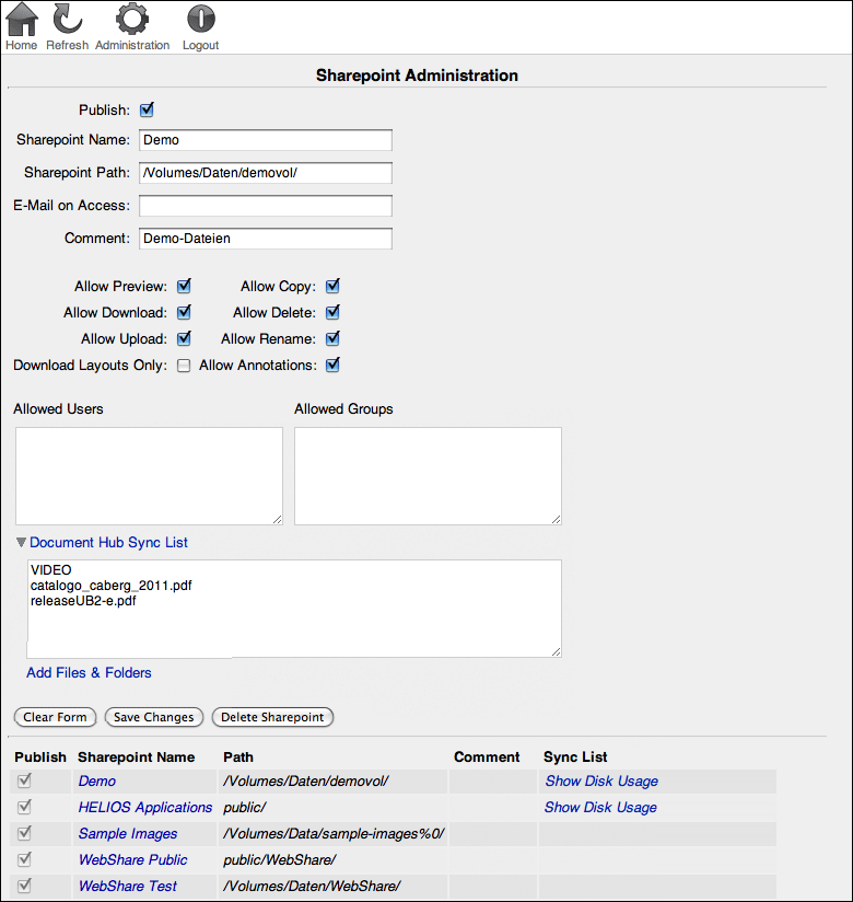 WebShare “Sharepoint Administration” page