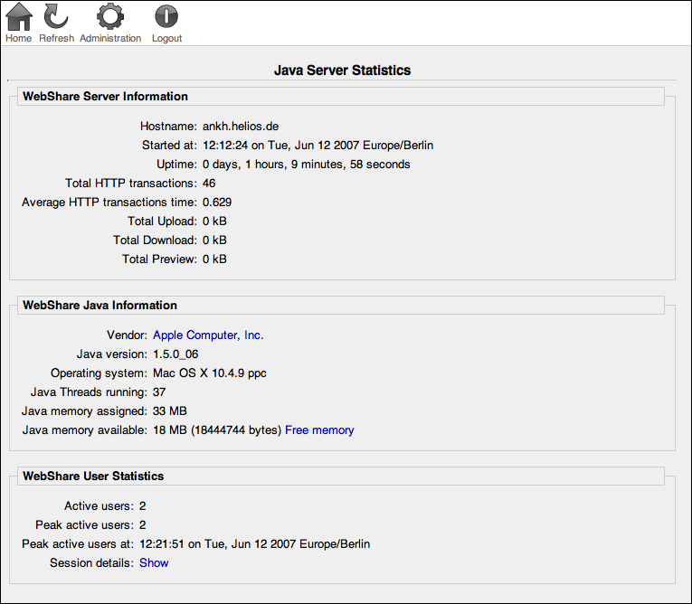 WebShare “Java Server Statistics” page