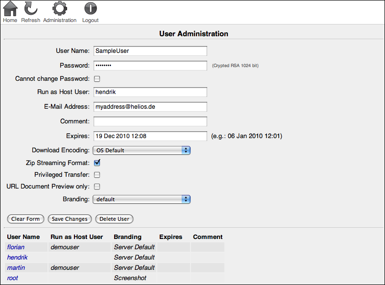 WebShare “User Administration” page