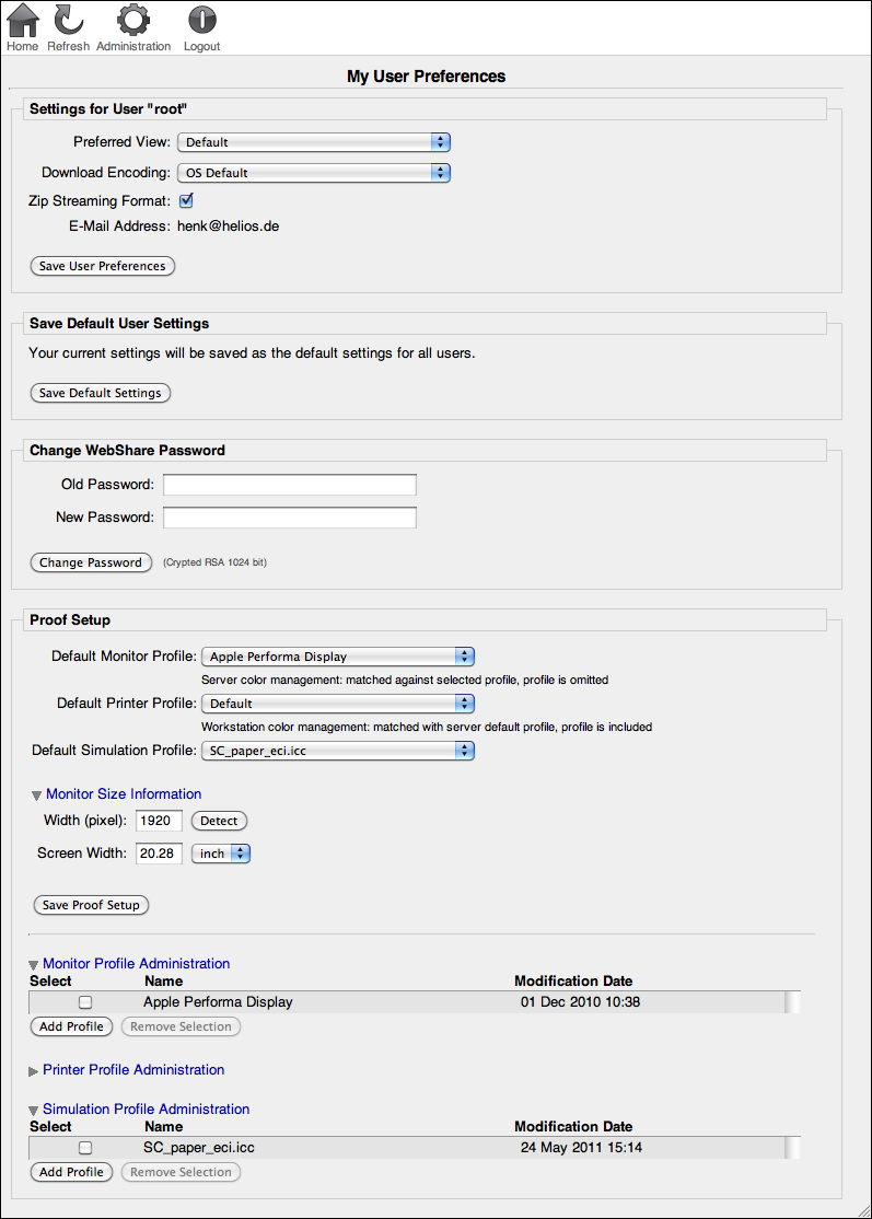 WebShare “My User Preferences” page