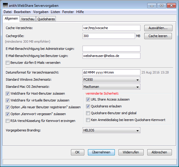 WebShare Servervorgaben – Registerkarte <code>Allgemein</code>