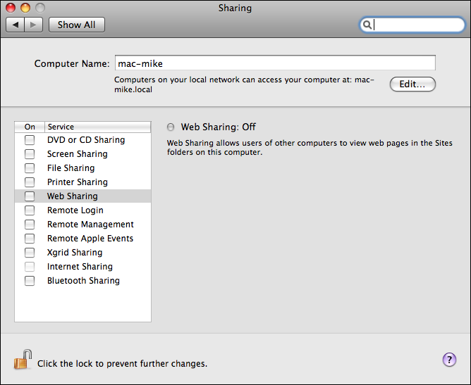 Mac OS X: <code>Computer Name</code> in the “Sharing” dialog