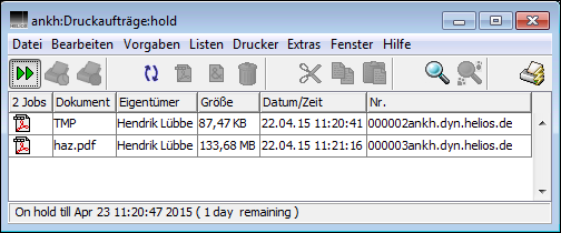 Liste der Druckaufträge der Warteschlange „hold“ auf Host „ankh“