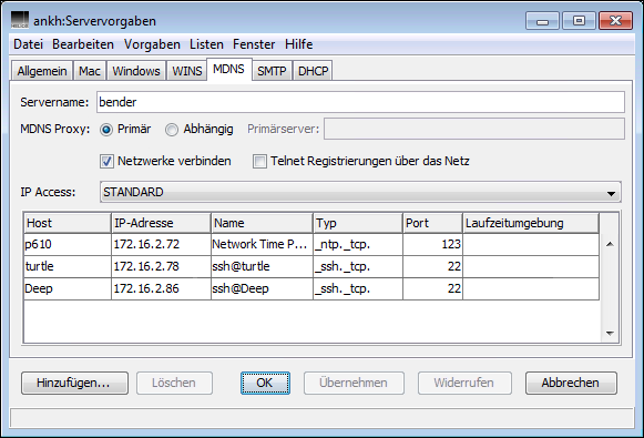 Registerkarte <code>MDNS</code> im Fenster „Servervorgaben“