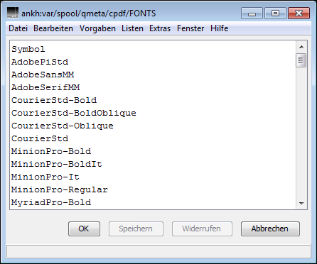 Liste der fest installierten Schriften für den Drucker „cpdf“