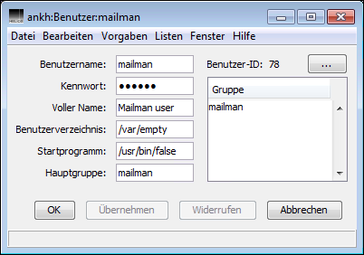 Benutzerdaten
des Benutzers „mailman“ auf dem Host „ankh“