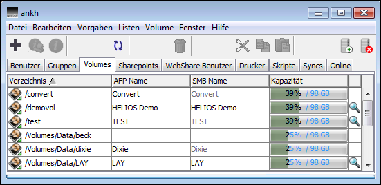 HELIOS Admin – Registerkarte <code>Volumes</code>