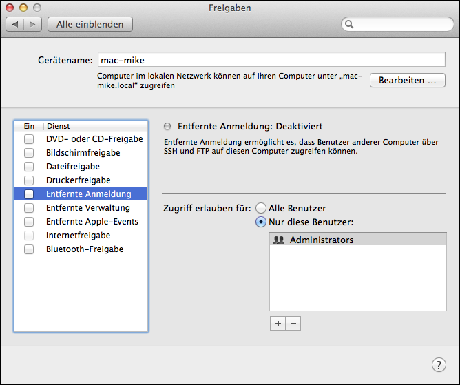 OS X: <code>Gerätename</code> im Fenster „Freigaben“