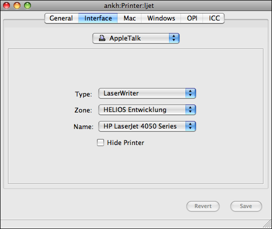<code>AppleTalk</code> connection for printer “ljet” on host “ankh”