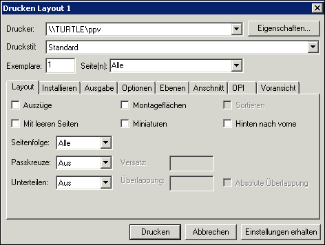 Registerkarte „Layout“ im QuarkXPress Dialog „Drucken“