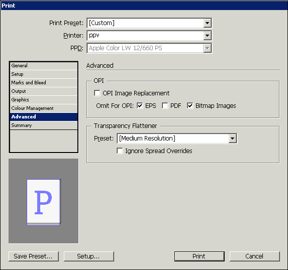 “Advanced” tab in InDesign print dialog