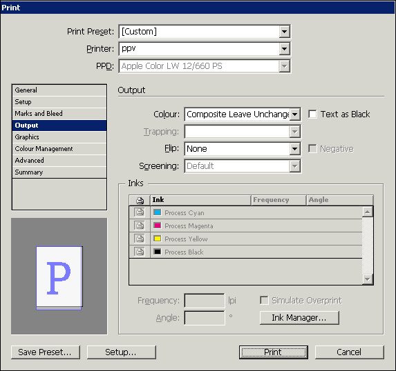 “Output” tab in InDesign print dialog