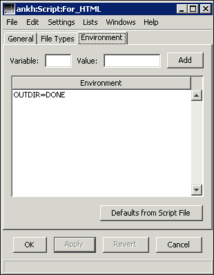 HELIOS Admin “Script” window – <code>Environment</code> tab