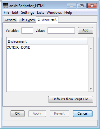 HELIOS Admin “Script” window – <code>Environment</code> tab