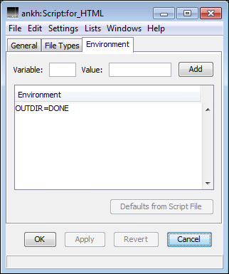 HELIOS Admin “Script” window – <code>Environment</code> tab 