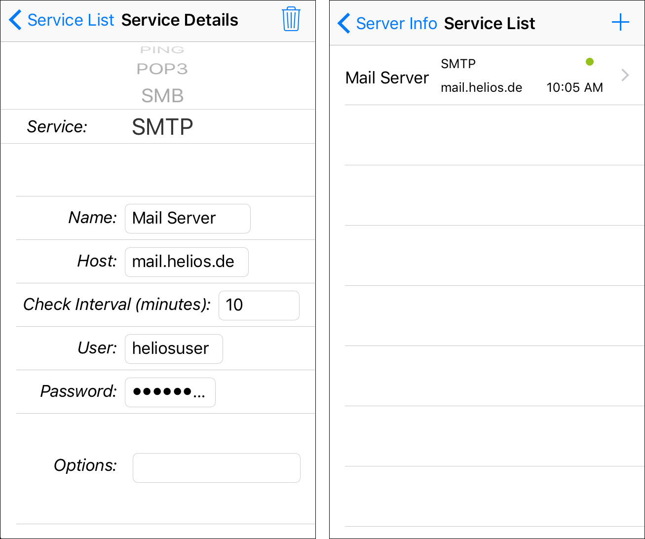 Entering mail server data
and displaying the new service