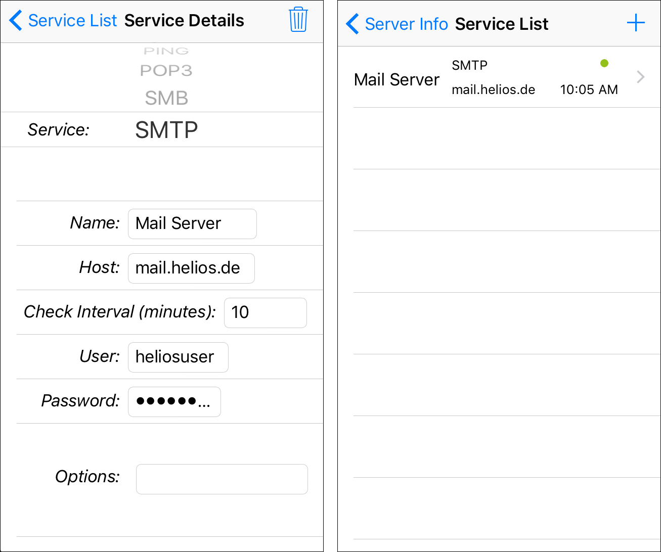 Eingabe von
Daten für den Mailserver und Anzeige des neuen Dienstes