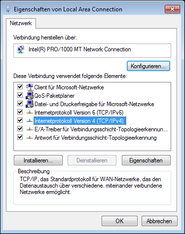 Fenster „Eigenschaften von Local Area Connection“