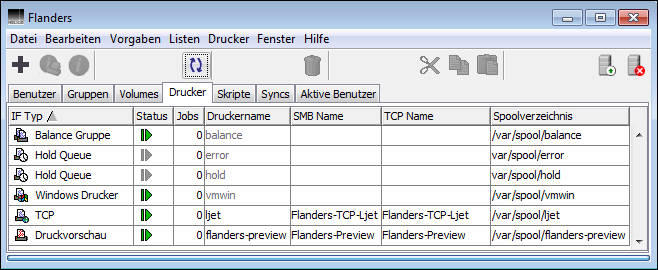 Liste <code>Drucker</code> auf dem Host „Flanders“