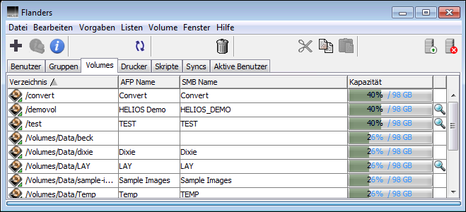 Registerkarte <code>Volumes</code> auf dem Host „Flanders“