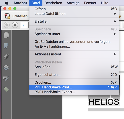 Dialog <code>PDF HandShake Print...</code> aus dem Menü öffnen