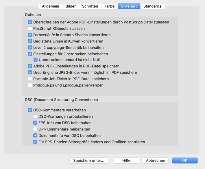 Einstellungen <code>Erweitert</code>