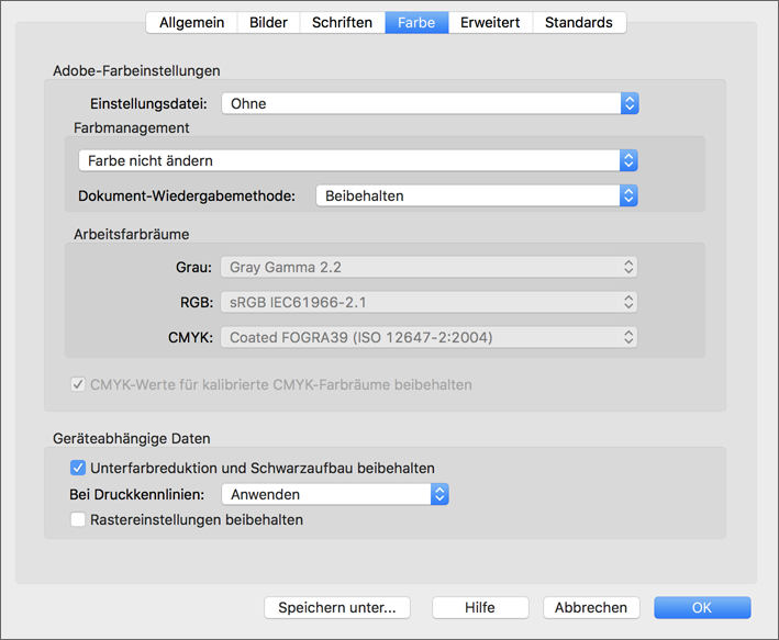 Einstellungen <code>Farbe</code>