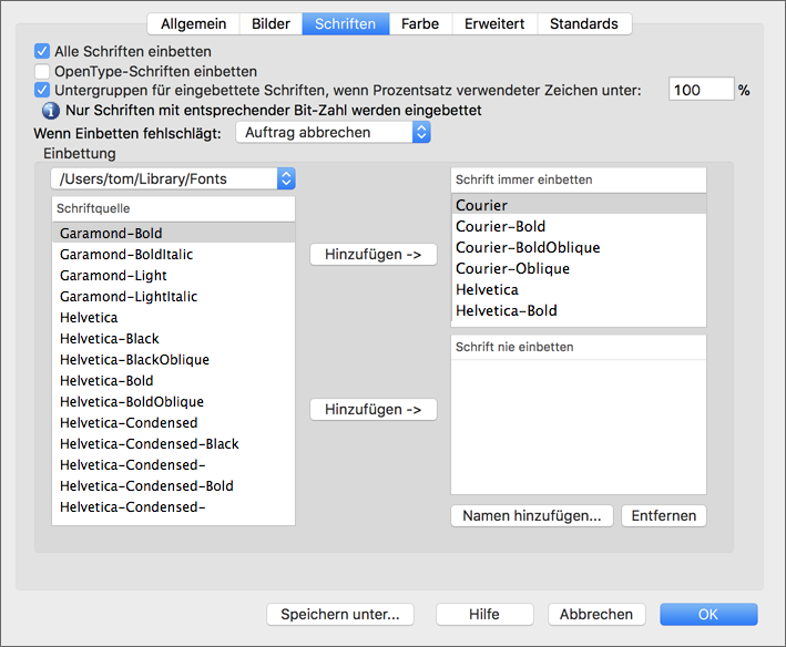 Einstellungen <code>Schriften</code>