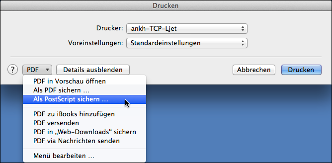 Drucken des Word Dokuments in eine PostScript-Datei