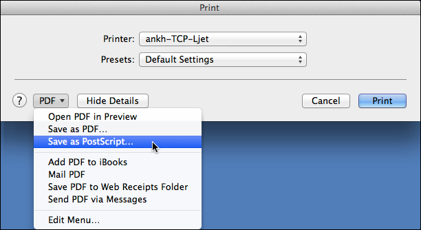 Printing the Word document into a PostScript file