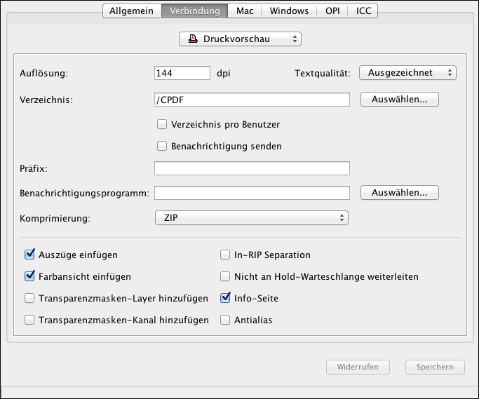 Fenster „Drucker“ – Registerkarte <code>Verbindung</code>